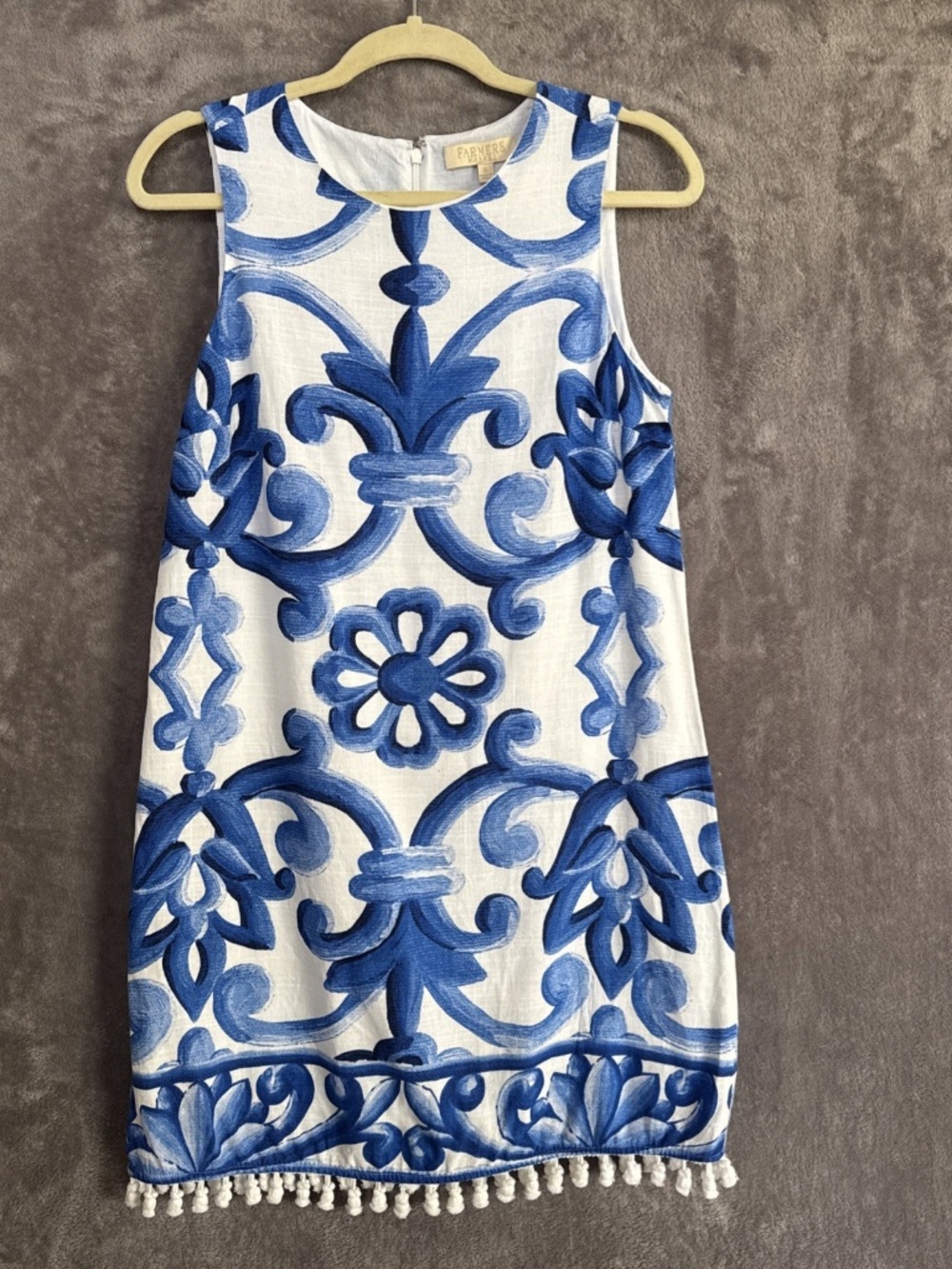 Farmers Market Women's Shift Dress Linen Cotton Blend Sleeveless Pom Pom Trim
